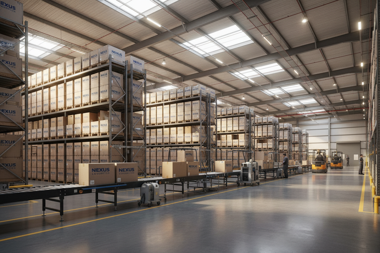 Large warehouse with stacked pallets and a forklift in the background